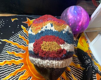 PATRÓN de gorro con bandera de Colorado y puesta de sol en la montaña: patrón de tejido con instrucciones escritas y tabla de colores. PATRÓN de gorro y gorro de regalo tejido a mano