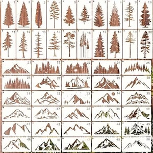 Könnte beinhalten: Eine Sammlung von fünfzig rechteckigen Schablonen mit verschiedenen Baum- und Bergsilhouetten. Jede Schablone ist von 1 bis 50 nummeriert und zeigt unterschiedliche naturbezogene Motive, darunter einzelne Kiefern, dichte Wälder und Gebirgszüge.