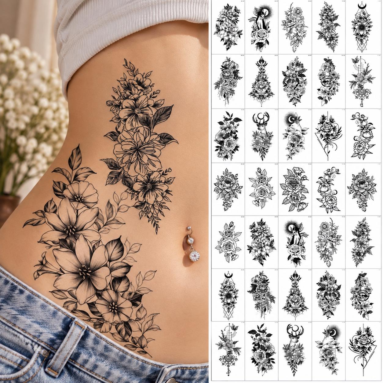 30 Temporary Tattoos Set - Black Floral, Butterfly, Leaf & Letter Tattoos - Waterproof Body Arm Tattoo Stickers
