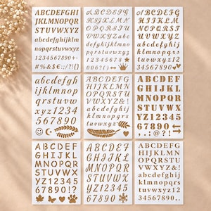 9 återanvändbara alfabets- och sifferschabloner, bokstäver i plast, kalligrafischabloner, dagboks- och scrapbookingteckning, hobbymålning