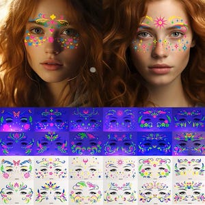 Puede incluir: Una colección de tatuajes temporales para la cara con diseños vibrantes y multicolores que incluyen mariposas, estrellas, soles, flores y patrones de remolinos. Estas calcomanías adhesivas se muestran en varios estilos sobre láminas.