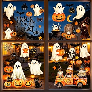 Puede incluir: Un conjunto de pegatinas de Halloween para ventanas con fantasmas blancos, calabazas naranjas, murciélagos negros, arañas, una bruja, un esqueleto, gatos negros y un gnomo en un camión. El texto Trick or Treat y Happy Halloween está impreso en negro.