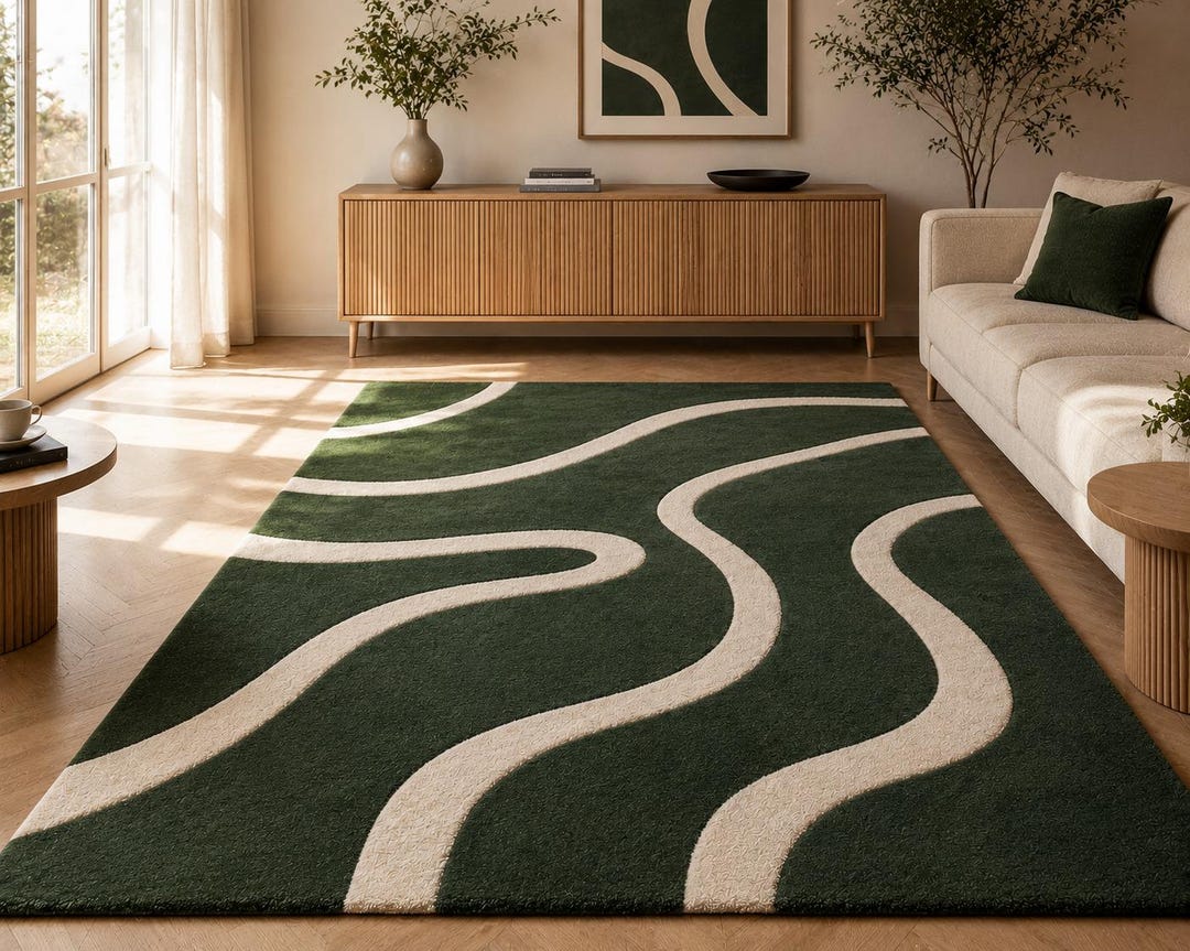 Deep Green Rug Pattern Hand Tufted Deep Green Abstract Wool Rug, Modern Curved Wave Design ...