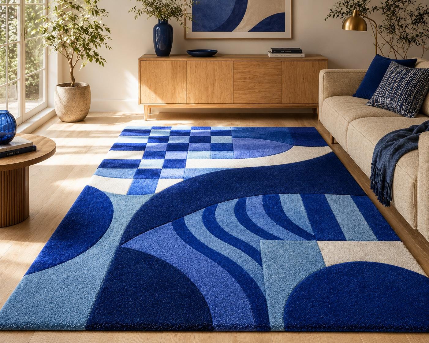 Hand Tufted Navy Blue Abstract Geometric Rug, Retro Mid-century Modern ...