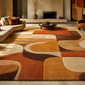 Abstract Geometric Area Rug, Modern Terracotta Earth Tone Carpet, Curved Arch Pattern Rug for Living Room Decor