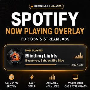 Può includere: Grafica di overlay di Spotify nera e dorata con il testo "SPOTIFY NOW PLAYING OVERLAY" e il titolo della canzone "Blinding Lights". Include "AUTO SYNC SPOTIFY", "EASY SETUP", "ANIMATED VISUALIZER" e "WORKS WITH OBS & STREAMLABS".