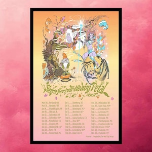 May include: A rectangular concert poster with a gradient orange background featuring a fantasy illustration of a gnome, a fairy, and a large bee. The text reads Sierra Ferrell Heavy Petal Tour, followed by a list of tour dates and locations in black.