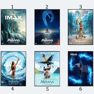 May include: A collection of six Moana movie posters arranged in two rows of three. The posters feature various scenes including characters on a boat, a rooster and pig wearing sunglasses, and large ocean waves, all labeled with the Disney Moana logo.