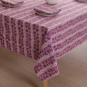 Mantel de algodón estampado a mano con bloques, diseño floral morado, mantel rectangular estilo boho para decoración del hogar.