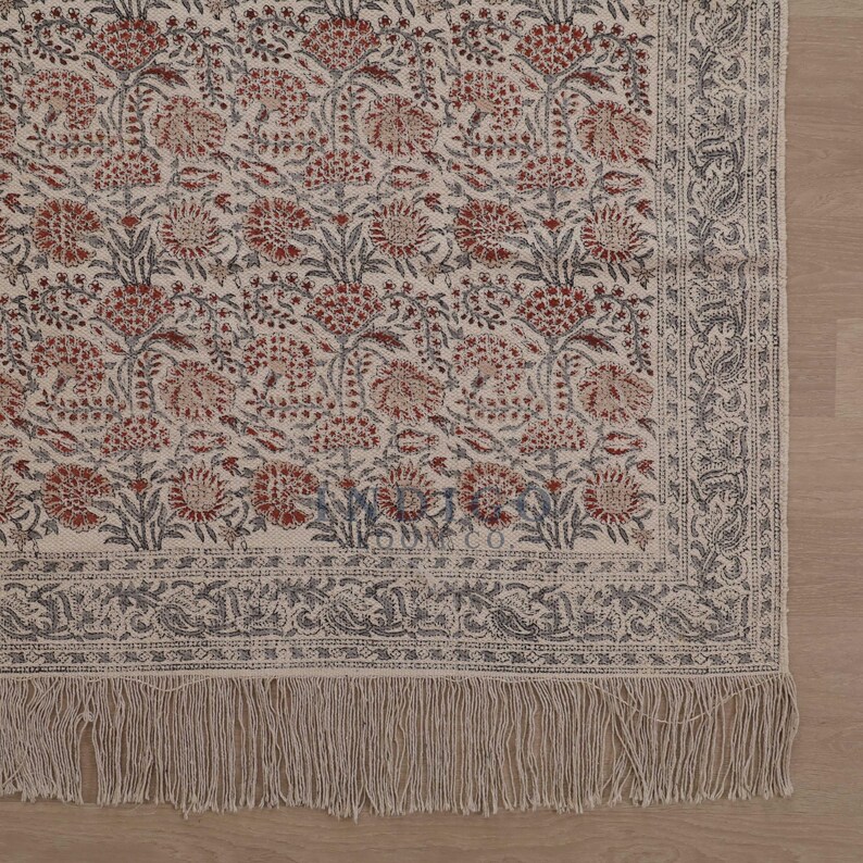 Hand Block Printed Rug, Floral Cotton Area Rugs for Living Bedroom ...