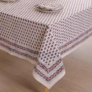 Mantel estampado a mano, manteles de algodón hechos a mano con estampado floral rojo y azul, funda para mesa de comedor rectangular estilo rústico.