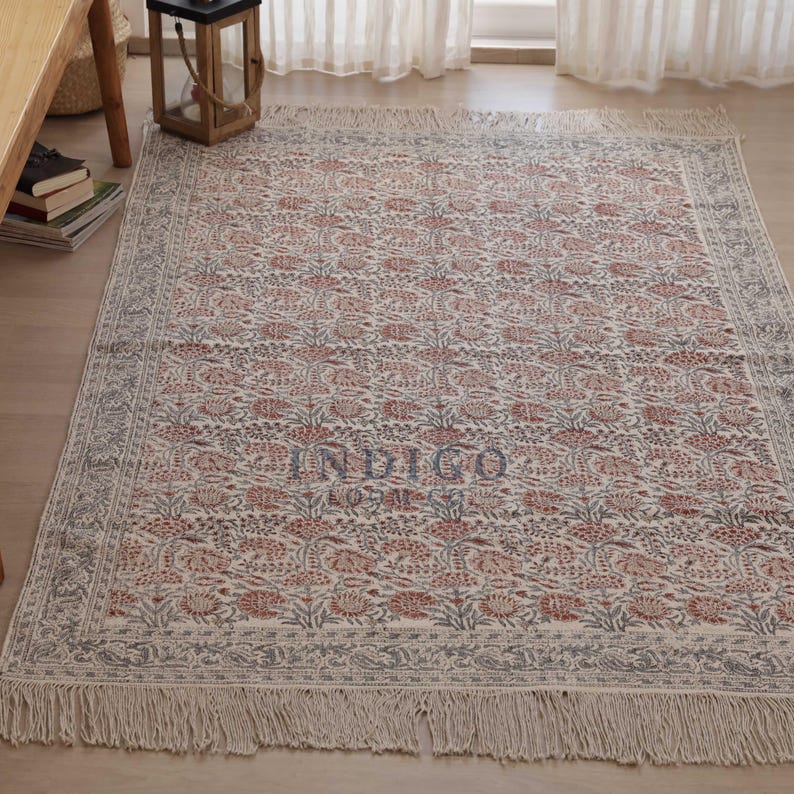 Hand Block Printed Rug, Floral Cotton Area Rugs for Living Bedroom ...