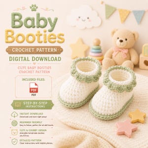 May include: A pair of white crochet baby booties with a light green trim and edging. The image also features the text "Baby Booties Crochet Pattern Digital Download" and other text describing the pattern's features, along with a teddy bear and star-shaped toys.