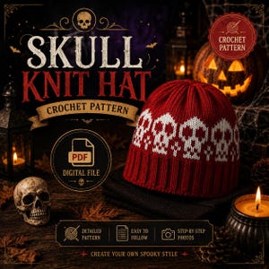 Molde em PDF para gorro de tricô com caveira, molde para gorro de Halloween, gorro Fair Isle com caveira, molde para gorro de tricô, download digital