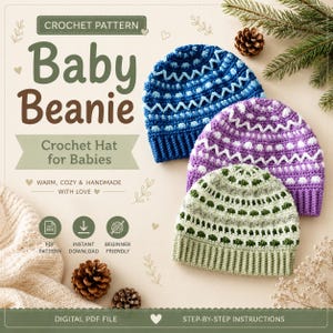 Op de afbeelding: Een digitaal haakpatroon voor een babymuts met drie mutsen in blauw, paars en groen met witte geometrische patronen. De tekst luidt Crochet Pattern Baby Beanie, Crochet Hat for Babies, PDF Pattern, Instant Download, Beginner Friendly.