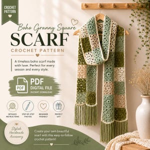 May include: A crochet pattern for a scarf featuring text that reads Boho Granny Square SCARF CROCHET PATTERN, PDF DIGITAL FILE, and other descriptive icons. The scarf is made of green, beige, and cream squares with long fringe at the ends.