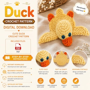 Op de afbeelding: Een digitaal haakpatroon voor een gele eend met oranje vleugels en snavel, voorzien van blauwe ogen. De afbeelding bevat de tekst: Duck, CROCHET PATTERN, DIGITAL DOWNLOAD, INCLUDED FILES: PDF, STEP-BY-STEP INSTRUCTIONS, CUTE FACE, SOFT & COMFY, ADORABLE DETAILS.