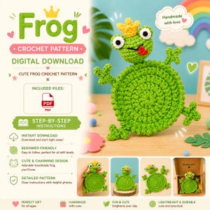May include: A digital crochet pattern for a green frog coaster with a yellow crown, white and black eyes, and a red tongue. The document includes text such as Frog, Crochet Pattern, Digital Download, and Step-by-Step Instructions.