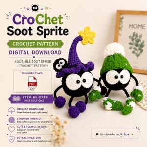 May include: A digital crochet pattern for two soot sprite dolls. One sprite wears a purple hat with a yellow star, the other a green hat with a white pom-pom. Both have black bodies, large white eyes, and matching crocheted limbs and mittens.
