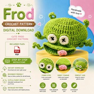 May include: A digital crochet pattern for a green creature named Frod, featuring a large, textured green head with two white eyes with black cross-stitched pupils, a wide mouth, and a small pink tongue. The graphic includes text and icons.