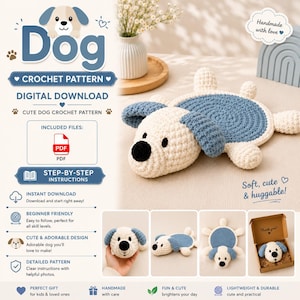 Op de afbeelding: Een digitaal haakpatroon voor een hond, met een plat, rond gehaakt hondenspeeltje in blauw en crème. Het document bevat tekst zoals Dog Crochet Pattern, Digital Download en stapsgewijze instructies met PDF-pictogrammen.