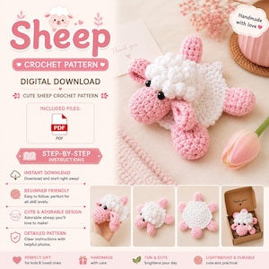 Op de afbeelding: Een digitaal haakpatroon voor een schaap, met de tekst Sheep, Crochet Pattern, Digital Download en Step-by-Step Instructions. De afbeelding toont een klein, handgemaakt wit en roze gehaakt schaapje met zwarte oogjes.