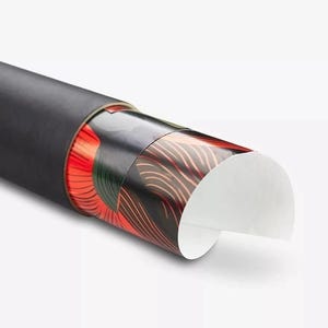 May include: A cylindrical black storage tube containing a rolled poster. The visible portion of the poster features a graphic design with bold red, dark green, and black curved lines, with a white paper edge curling outward from the tube opening.