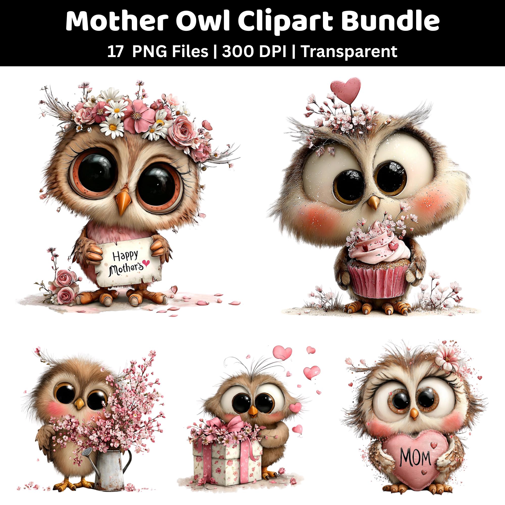 Mother Owl Clipart Bundle | Watercolor Floral PNG | Mom Gift Digital Graphics