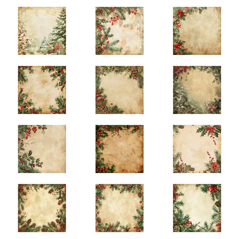 Paper Border Frame Red Vintage Christmas Digital Paper | Rustic Holiday Floral Frames | Pine ...
