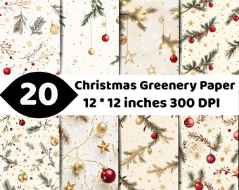 Christmas Greenery Digital Paper | Vintage Winter Branches | Red Gold Baubles Stars Holiday Backgrounds