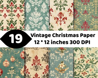 Vintage Christmas Digital Paper | Traditional Holiday Patterns | Damask Floral Ornaments | Rustic Scrapbook Craft