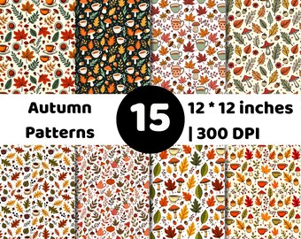 Autumn Digital Paper Bundle | Fall Seamless Patterns | Leaf Woodland Backgrounds | Scrapbook Craft