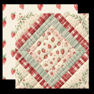 May include: A square quilted fabric piece featuring a central diamond pattern of strawberries and small flowers, bordered by red and white gingham and green striped bands, set against a cream background with strawberry and leaf motifs.