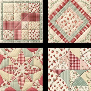 May include: A set of four square fabric quilt blocks featuring a coordinated pattern of red strawberries, pink floral prints, red and white gingham checks, cream polka dots, and sage green stripes, all finished with visible quilted stitching lines.