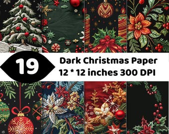 Dark Christmas Digital Paper | Vintage Holiday Foliage | Poinsettia Ornament Evergreen Patterns | Scrapbook Craft