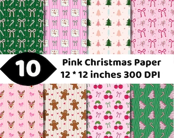 Pink Christmas Digital Paper Bundle | Festive Holiday Patterns (10 Designs)