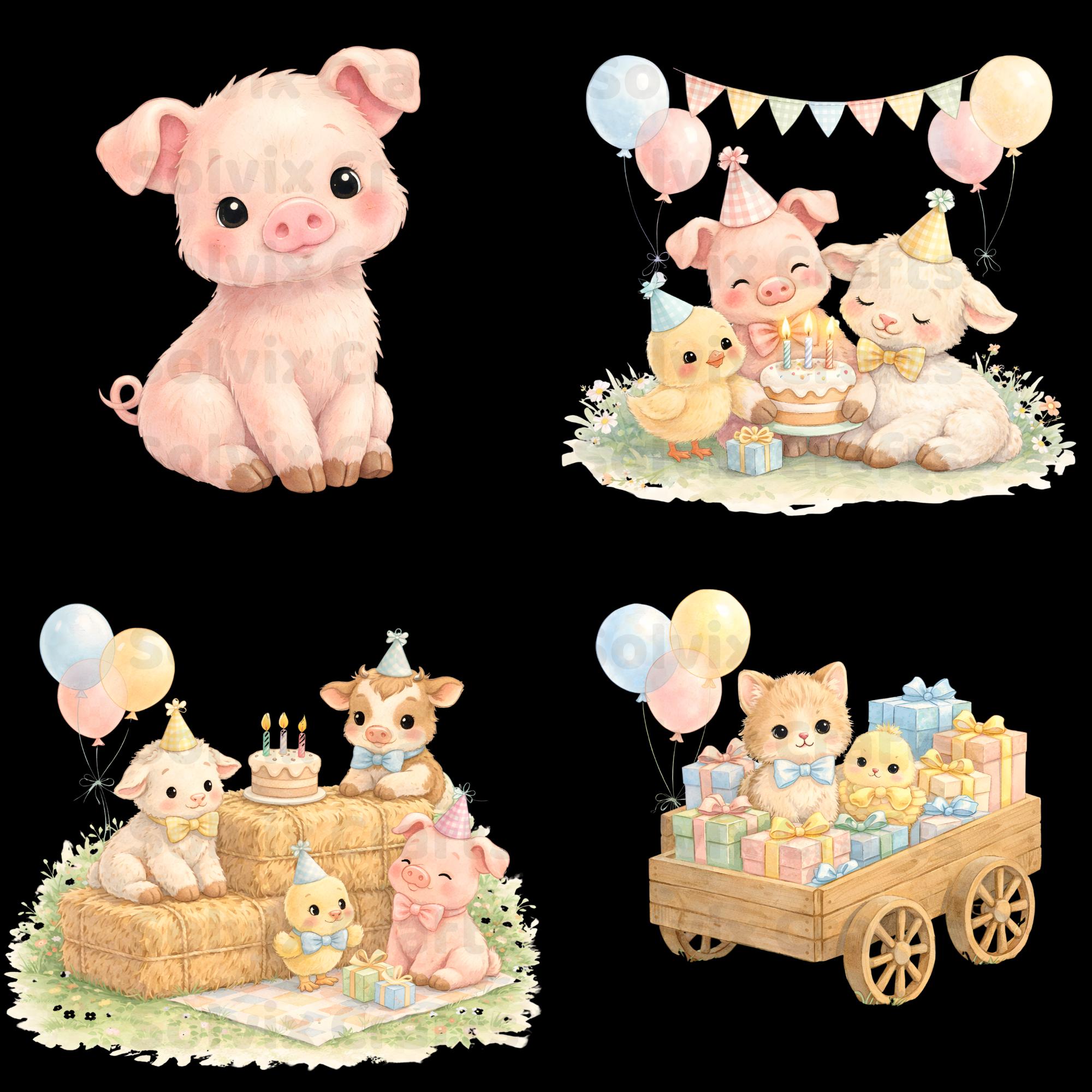 Farm Birthday PNG Bundle | Watercolor Barnyard Clipart | Baby Animal ...