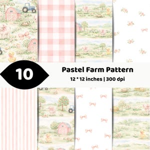 Pacote de Estampas Pastel de Fazenda | Papel Digital Sem Costura com Animais de Fazenda em Estilo Vintage | Fundos Aquarelados de Celeiro