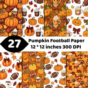 Könnte beinhalten: Digitales Papierset mit 27 Mustern aus Kürbissen, Footballs, Tassen mit heißer Schokolade und Herbstblättern. Die Designs zeigen orangefarbene Kürbisse, braune Footballs und karierte Schleifen auf weißem oder herbstlichem Hintergrund. Text: 27 Pumpkin Football Paper 12 * 12 inches 300 DPI.