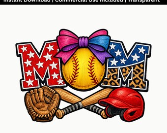 Softball Mom PNG | Patriotic Baseball Mom Design | Bow Sports Sublimation File