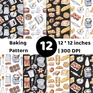 Könnte beinhalten: Eine Sammlung von 12 digitalen Backmustern mit Aquarellillustrationen von Küchenutensilien, Zutaten und Backwaren. Der Text Baking Pattern 12 12 * 12 inches | 300 DPI ist über der Mitte des Rasters der verschiedenen Bilder abgebildet.