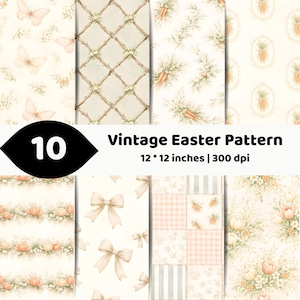 May include: A collection of 10 digital papers featuring vintage Easter patterns in soft cream, peach, and green tones. Designs include butterflies, lattice branches, carrots, bows, and floral motifs. Each file measures 12 by 12 inches at 300 dpi.
