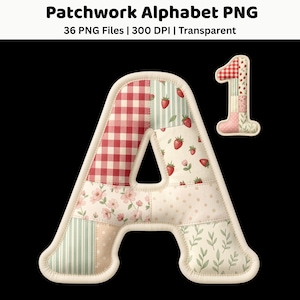 May include: A digital graphic featuring the letter A and the number 1 designed with a patchwork fabric aesthetic. The characters display various patterns including red gingham, strawberries, floral prints, polka dots, and green leaves with cream borders.