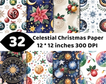 Christmas Digital Paper | Celestial Zodiac Moon Stars Ornaments | Holiday Scrapbook Background