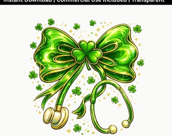 St Patrick Nurse PNG | Shamrock Stethoscope Bow Design | Irish Medical Sublimation Graphic