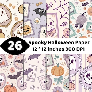 May include: A digital collection of 26 Spooky Halloween Paper designs, each measuring 12 by 12 inches at 300 DPI. The patterns feature illustrations of ghosts, pumpkins, bats, skulls, bows, and flowers in a pastel color palette of purple and cream.
