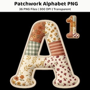 Può includere: Un grafico digitale che presenta la lettera A e il numero 1, progettati con un'estetica patchwork. I caratteri mostrano vari motivi, tra cui stampe floreali, righe e quadretti vichy in tonalità calde di arancione, crema e verde.