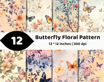 Butterfly Floral Pattern Bundle | Vintage Digital Paper | Seamless Nature PNG Set