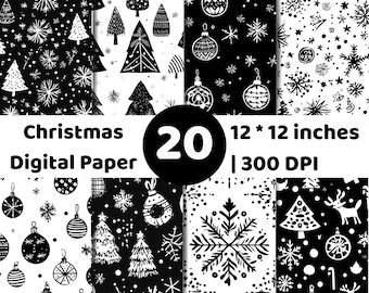 Christmas Digital Paper | Black White Winter Patterns | Snowflake Ornament Tree Backgrounds | Holiday Crafts