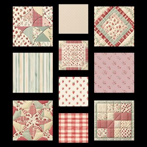May include: A collection of ten square fabric swatches featuring strawberry motifs, red and white gingham checks, soft green stripes, and floral patterns. The designs include quilted star blocks, patchwork squares, and solid dotted textures.